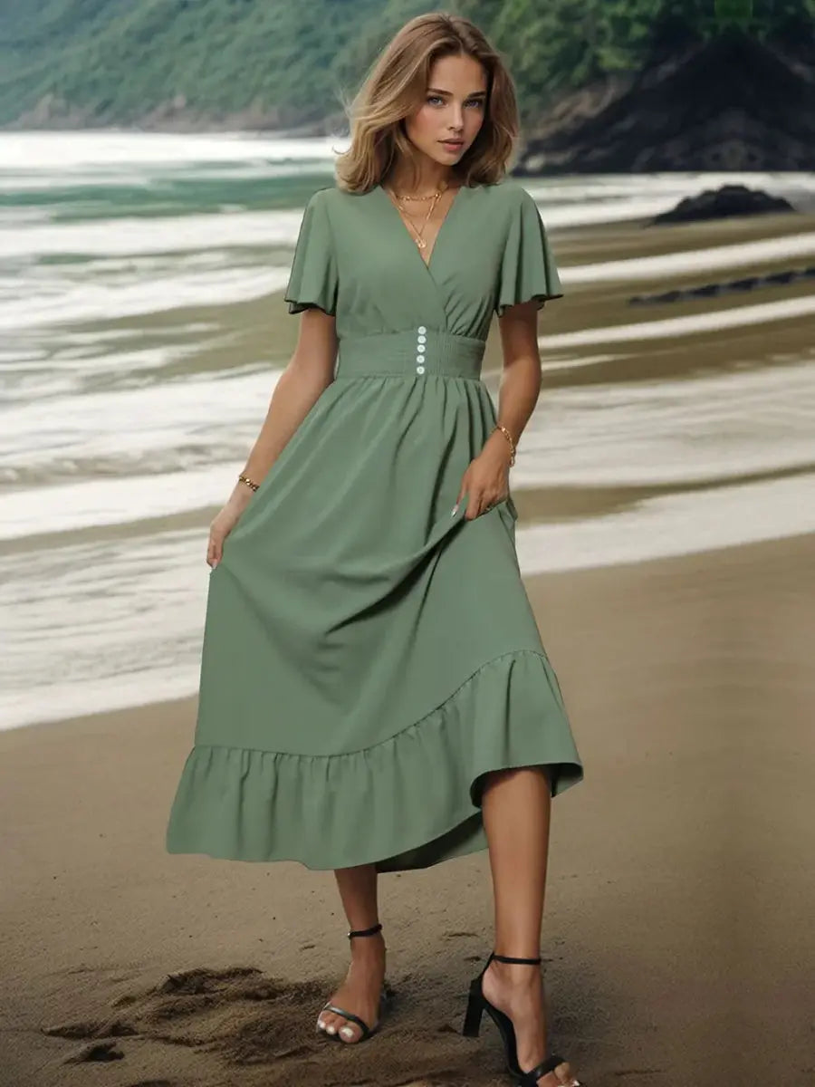 Perfee Surplice Flutter Sleeve Midi Dress for Women - Love Salve